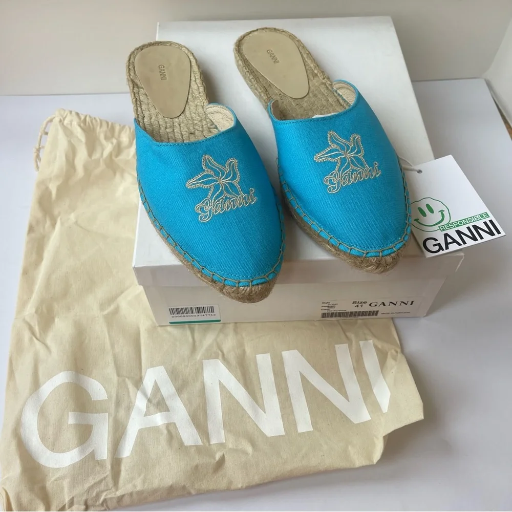 NWT Ganni embroidered espadrilles canvas aqua blue Aquarius starfish slippers